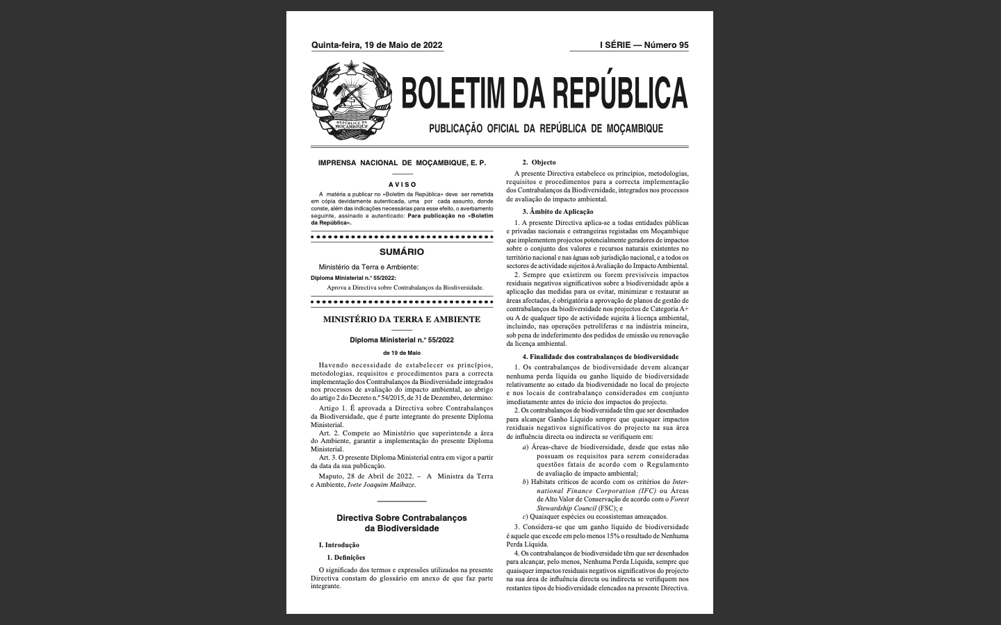 Inovação na Conservação da Biodiversidade em Moçambique: Novo Diploma Ministerial sobre Contrabalanços da Biodiversidade aprovado pelo Governo moçambicano